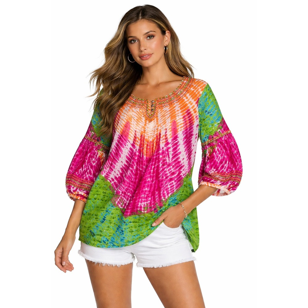 A La Carte Boho Tunic XL Multicolor Eyelet Tie Dye Embroidery Beach Hippie‎ Boho